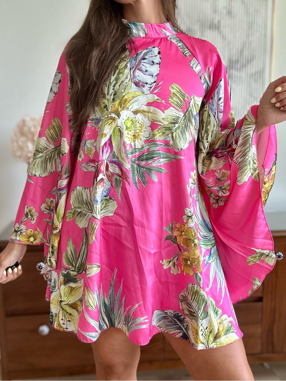 Venti6 Pink Tropical Floral Bell Sleeve Mini Dress Open Back